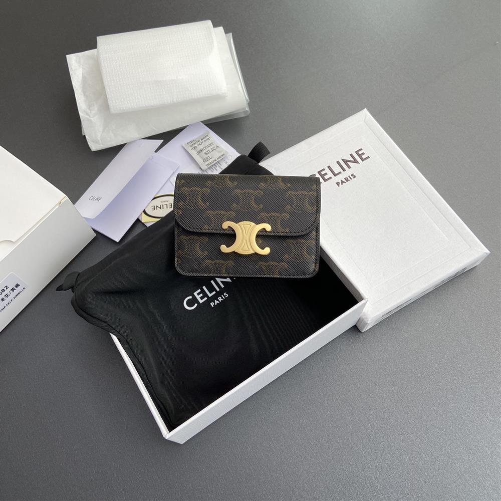 Premium pure steel hardware factory leather TRIOMPHE logo printed flip card bag 2024 XiaosaiButton opening and closing1 main compartment2 inner card s