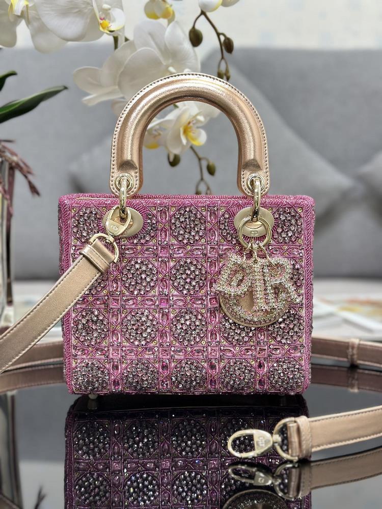 Lady Diors four panel embroidered rhinestone pink with sheep tendons inside is meticulously crafted from satin material The rattan pattern is embr