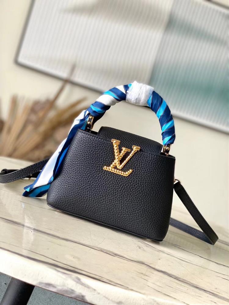 Top of the line original M24673 Black Sea Wind Scarf Mini This Capucines Mini Handbag is from the Nautical series featuring Taurillon leather with mu