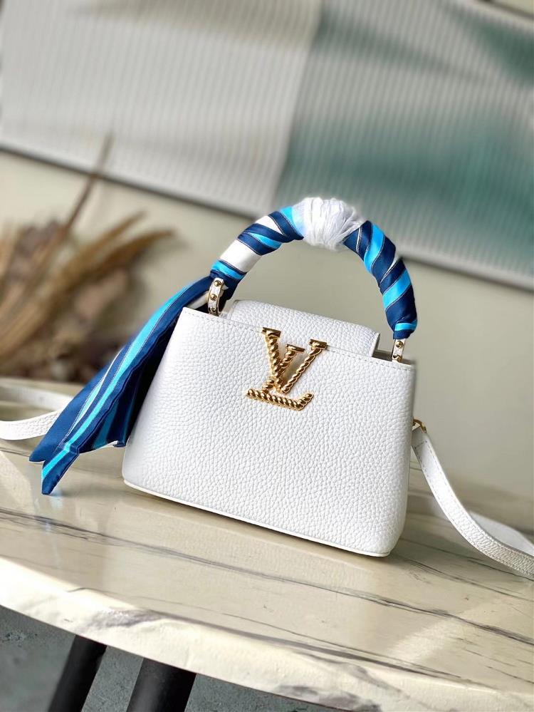 Top of the line original M24673 white sea breeze scarf mini This Capucines mini handbag is from the Nautical series featuring Taurillon leather and