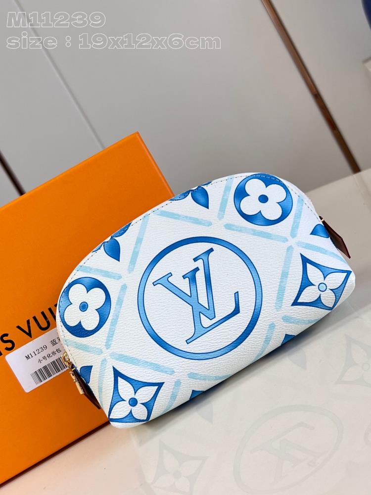 Top of the line original exclusive shot of M11239 blue color This Pochette Cosmtique small makeup bag is made of Monogram Tiles coated canvas depict