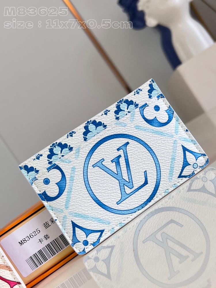 Top of the line original exclusive shot M83625 blue color card clip from LV By the Pool collection featuring a Monogram Tiles pattern with a large LV