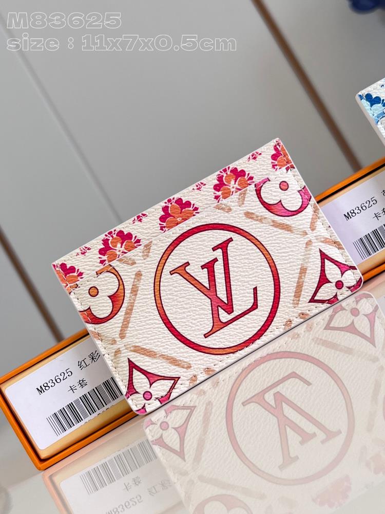 Top of the line original exclusive real shot M83625 red color card clip from LV By the Pool series featuring a Monogram Tiles pattern with a large LV