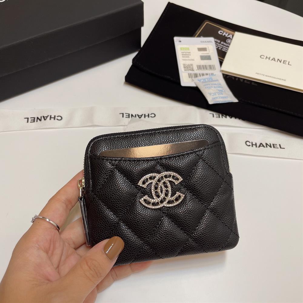 Upgraded in stock Ohanel 22 SpringSummer series water diamond buckle with fine ball pattern cowhide zipper card bag beautiful and crying The new ar