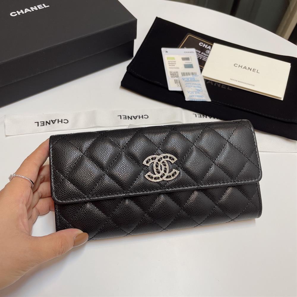 Upgraded in stock Ohanel 22 SpringSummer series water diamond buckle with fine ball pattern and long leather buckle wallet beautiful and crying The