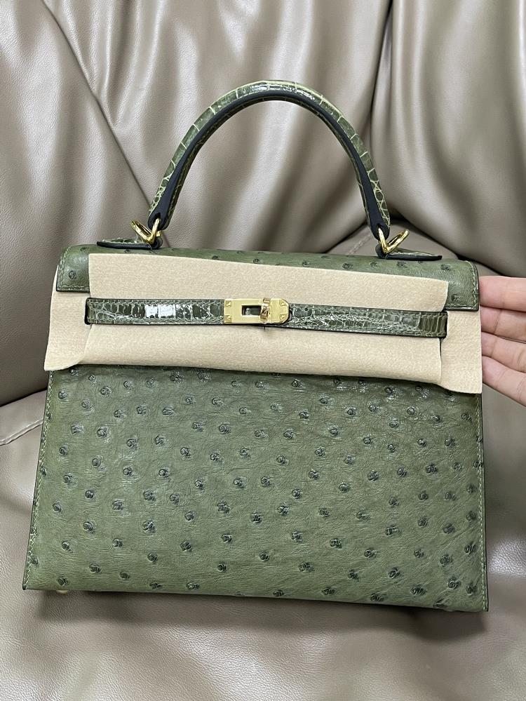 Kelly 25CM Military GreenSouth African imported ostrich skin paired with imported Nile crocodile topnotch handmade stitching  professional luxury fa