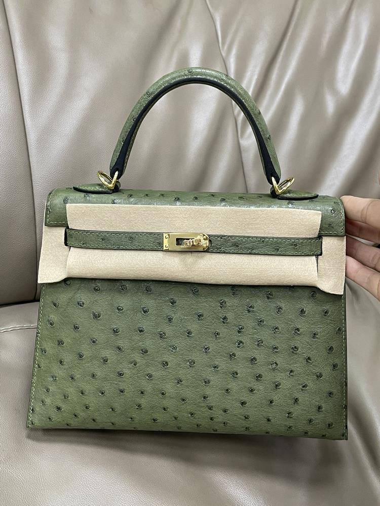 Kelly 25CM Military GreenFirst level South African imported ostrich full of bean granules topnotch handmade sewing  professional luxury fashion br