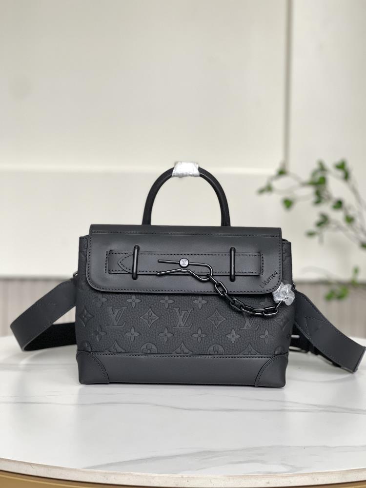 M24436 embossingThis Steamer small handbag is made of soft Monogram embossed Taurillon leather with iconic chains and pin buckles tracing back to the