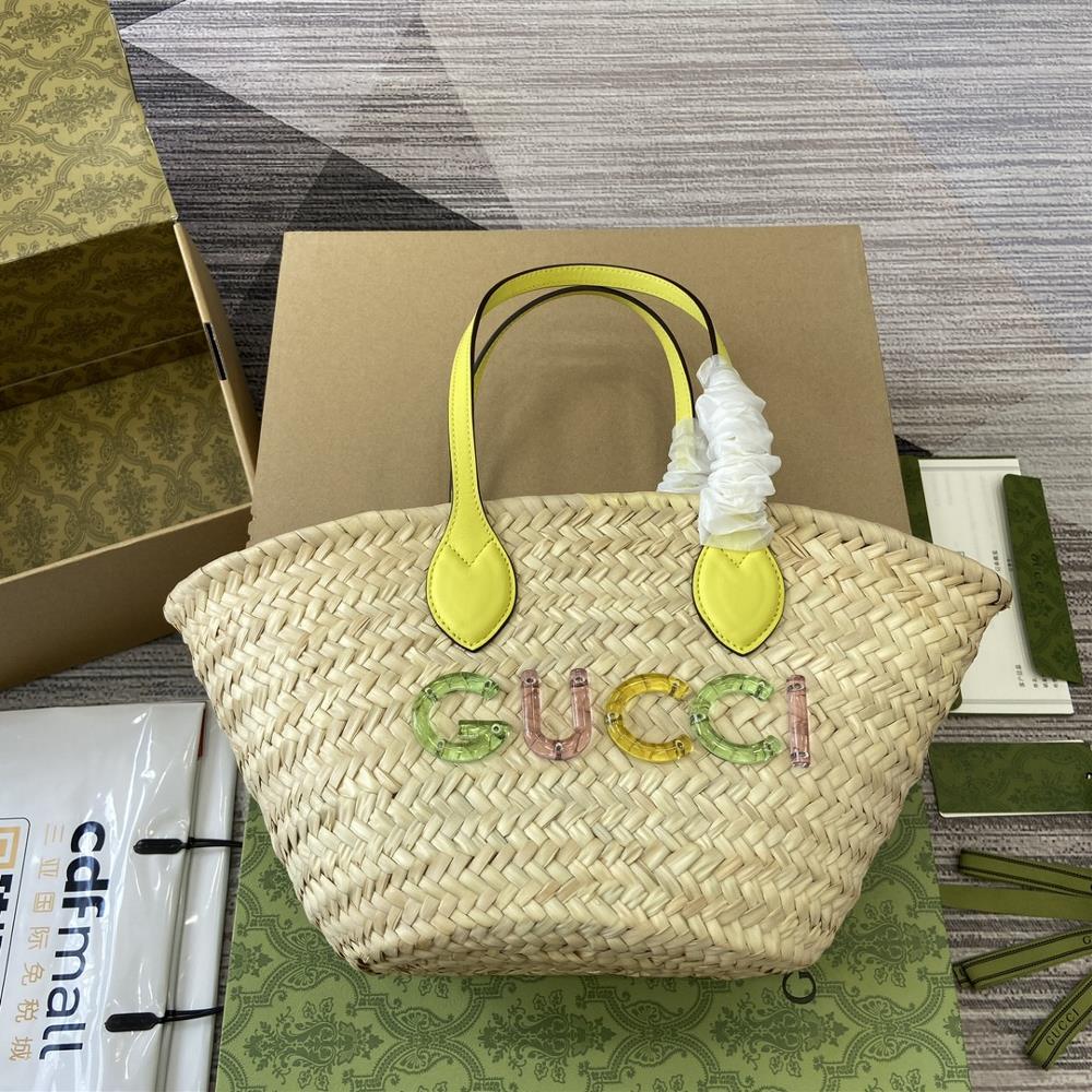 Comes with a complete set of packaging new product decorations Gucci logo mini grass woven tote bagThis item is from the Gucci Lido collection i