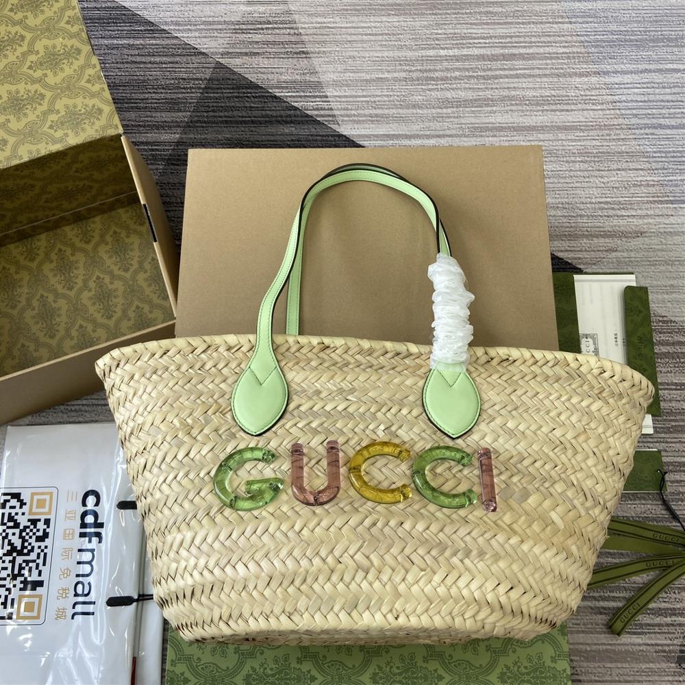 Comes with a complete set of packaging new product decorations Gucci logo small grass woven tote bagThis item is from the Gucci Lido collection