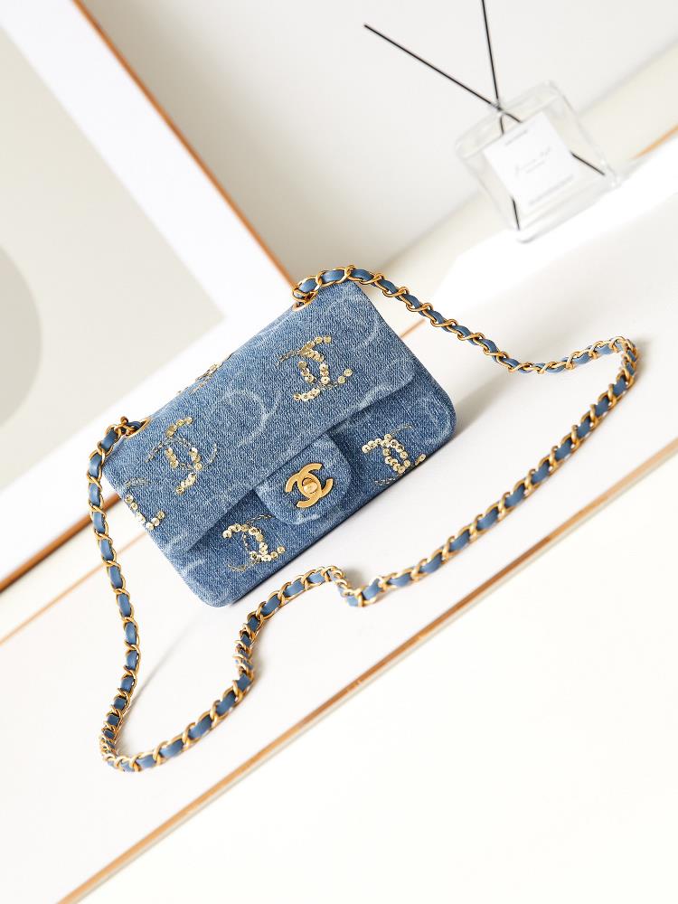 23B denim CF23B denim studded sequin CF bag with gray denim body and ten sequin logos isnt it too beautifulLike a walking starry sky beautiful and