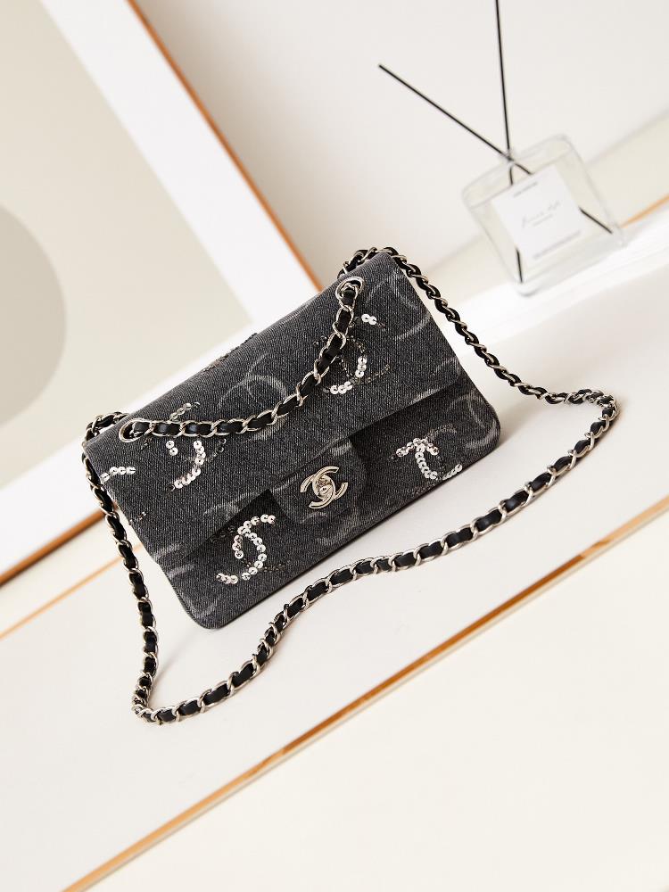 23B denim CF23B denim studded sequin CF bag with gray denim body and ten sequin logos isnt it too beautifulLike a walking starry sky beautiful and