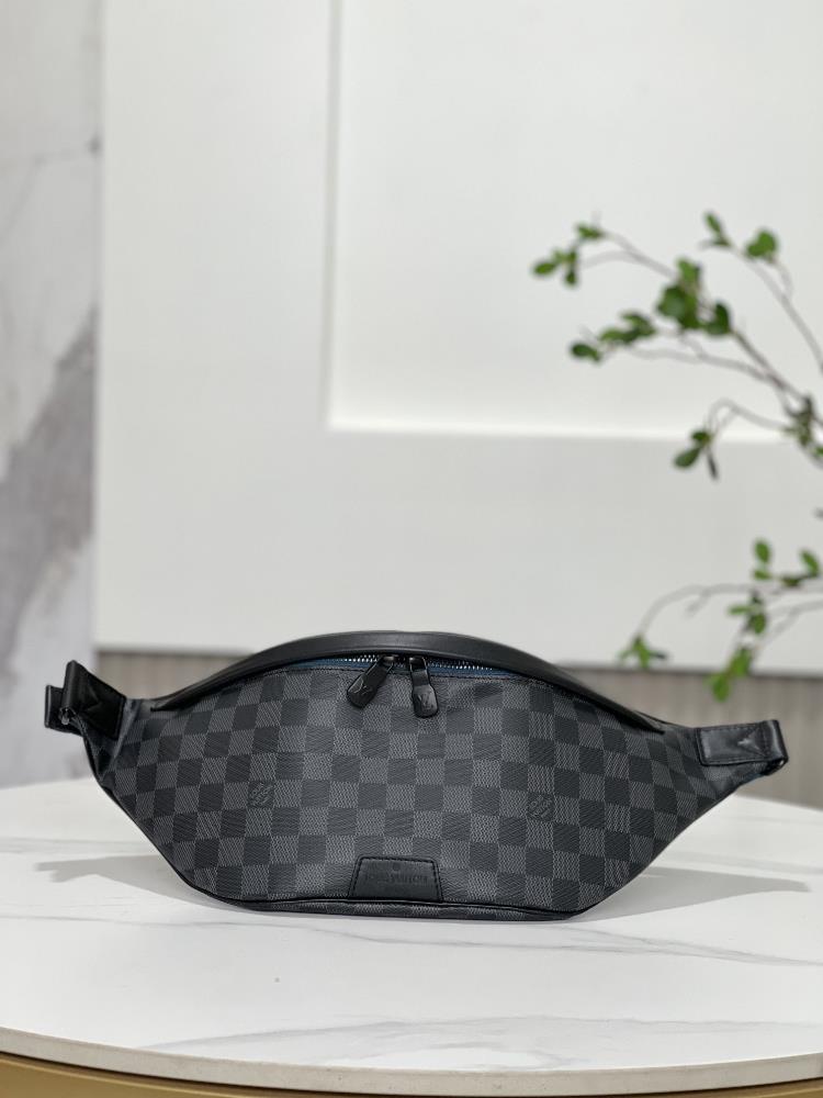 The N40187 black checkered waist bag is super versatile and made of DamierCobalt canvas with leather trim and silver metal trim This practical waist