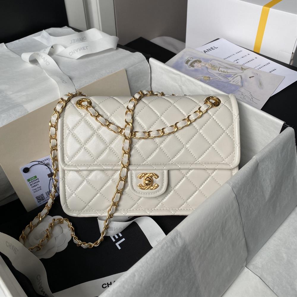 Chanel AS3586 Tofu Bun is a classic style that is perfect for summerSheepskin paired with a gold chain this tofu bag feels like a very fairy and eleg