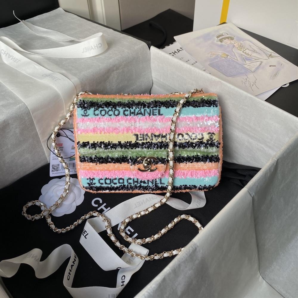 Chanel 24A runway AS3269 sequin stripe CFColorful letter sequins embroidered with each other shining brightly not only on the bag but also on the art