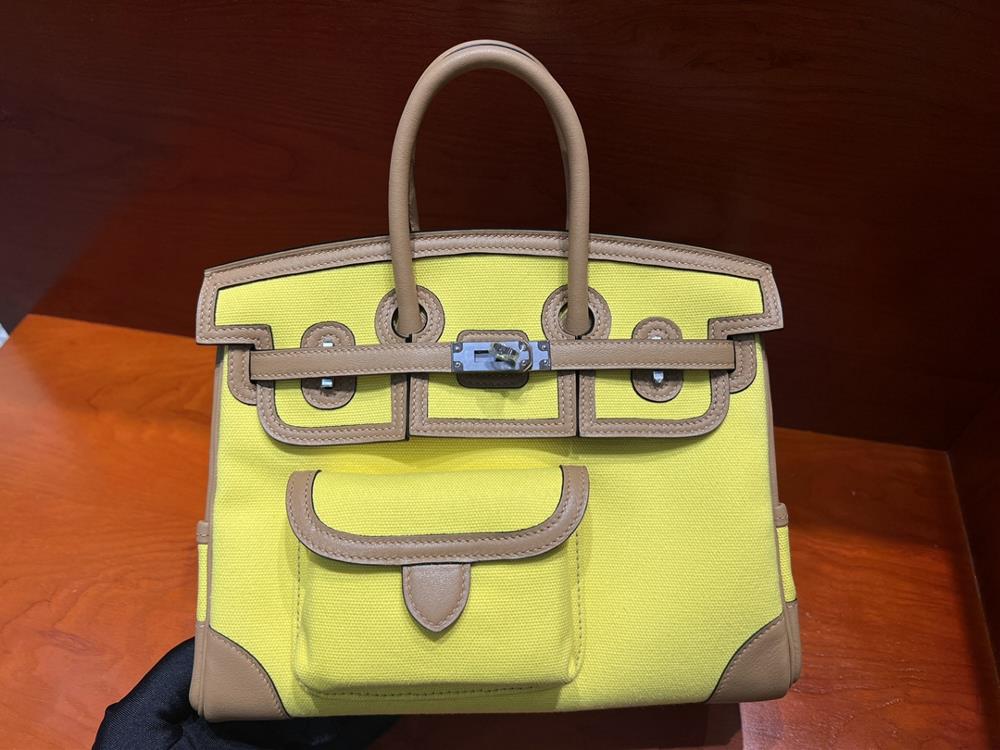 Birkin Cargo 25cm swift leather patchwork imported canvas 9R Lime lemon yellow top handmade counter quality  professional luxury fashion brand agency