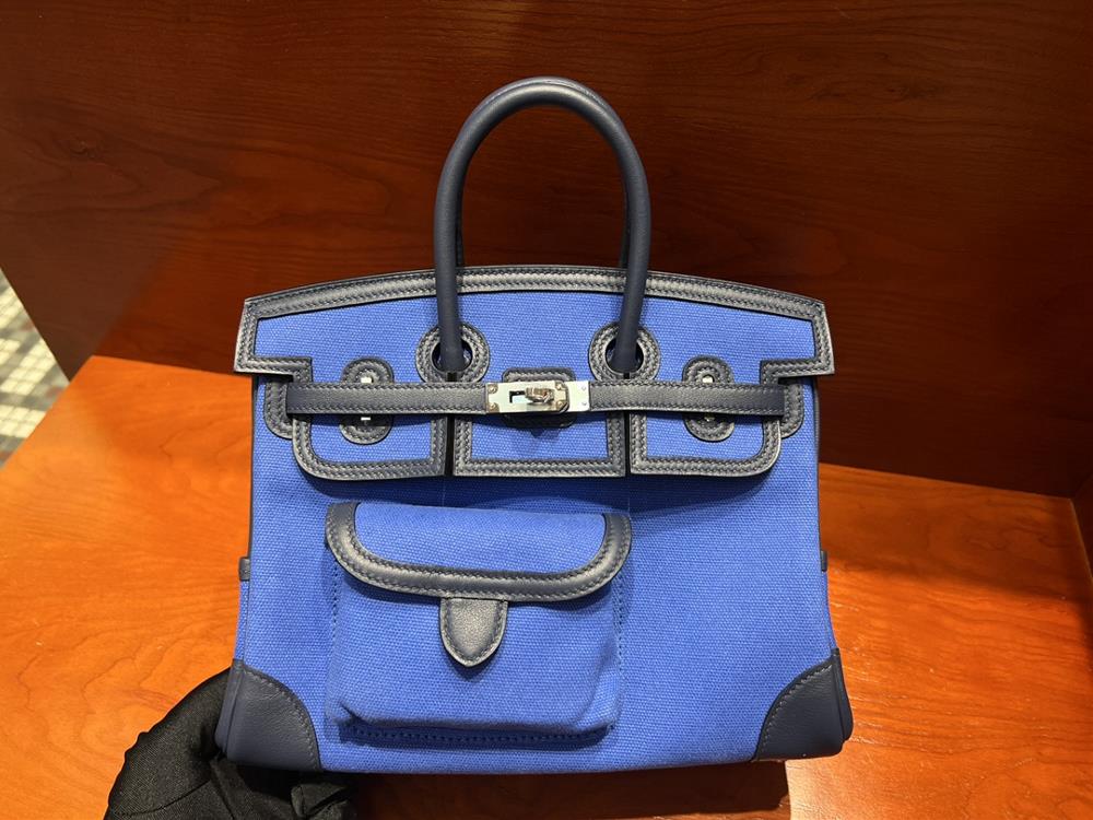 Birkin cargo 25cm swift leather patchwork imported canvas navy blue top handmade counter quality  professional luxury fashion brand agency businessI