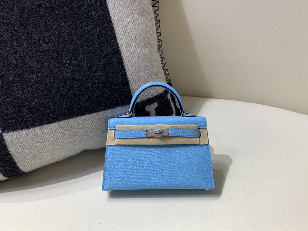 Mini Kelly secondgeneration silver buckle goat leather Chevre 7N candy blue top pure handmade customer order  professional luxury fashion brand agen