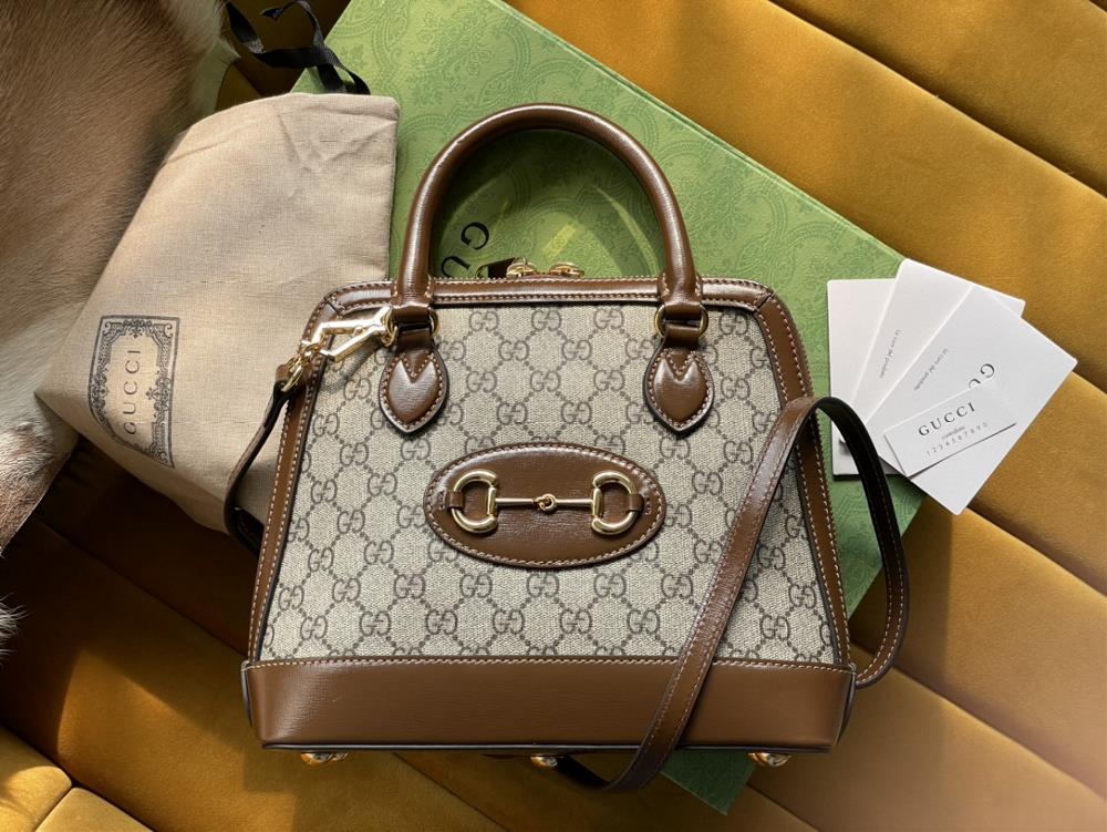 Original Italian leather creation 621220GUCCi1955 horse buckle handheld bag with dome shaped design and detachable leather shoulder strap made of GGs