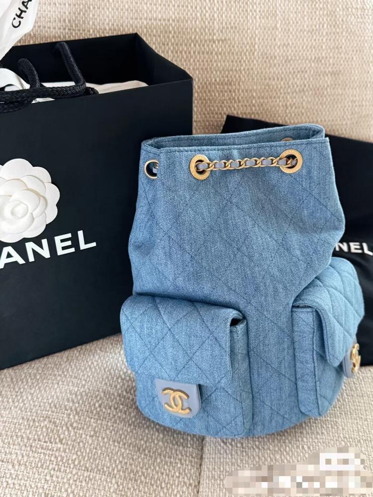 Shipment OHANEL25C Early Spring Vacation Series Denim Cowboy Backpack Shoulder Straps Still Leather Chain Style Handheld Single Room Shoulders Can Ho