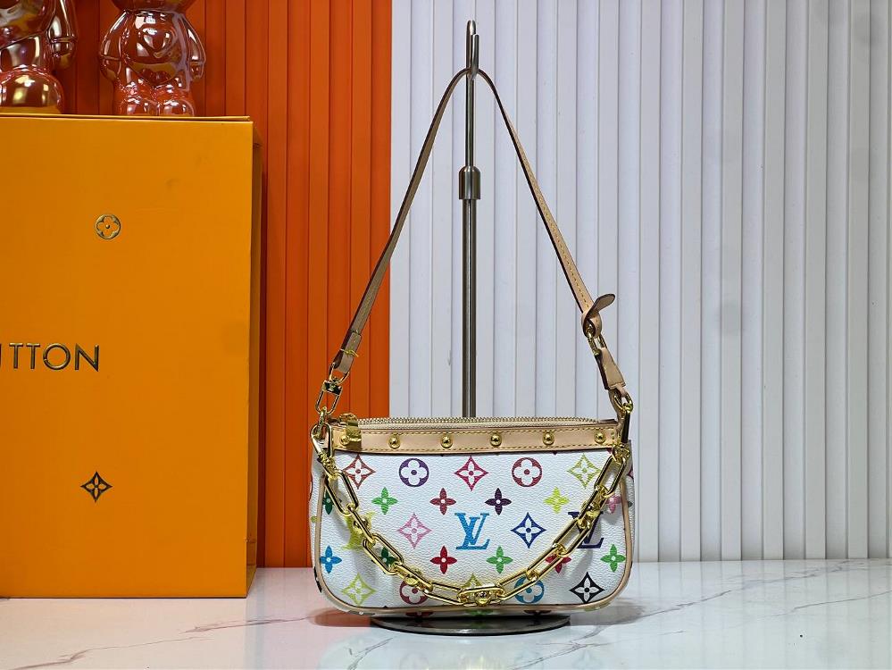 M13404 Black and White Pochette Accessories handbag is made of coated canvas with colorful MonogramThe pattern showcases the dynamic style of Louis Vu