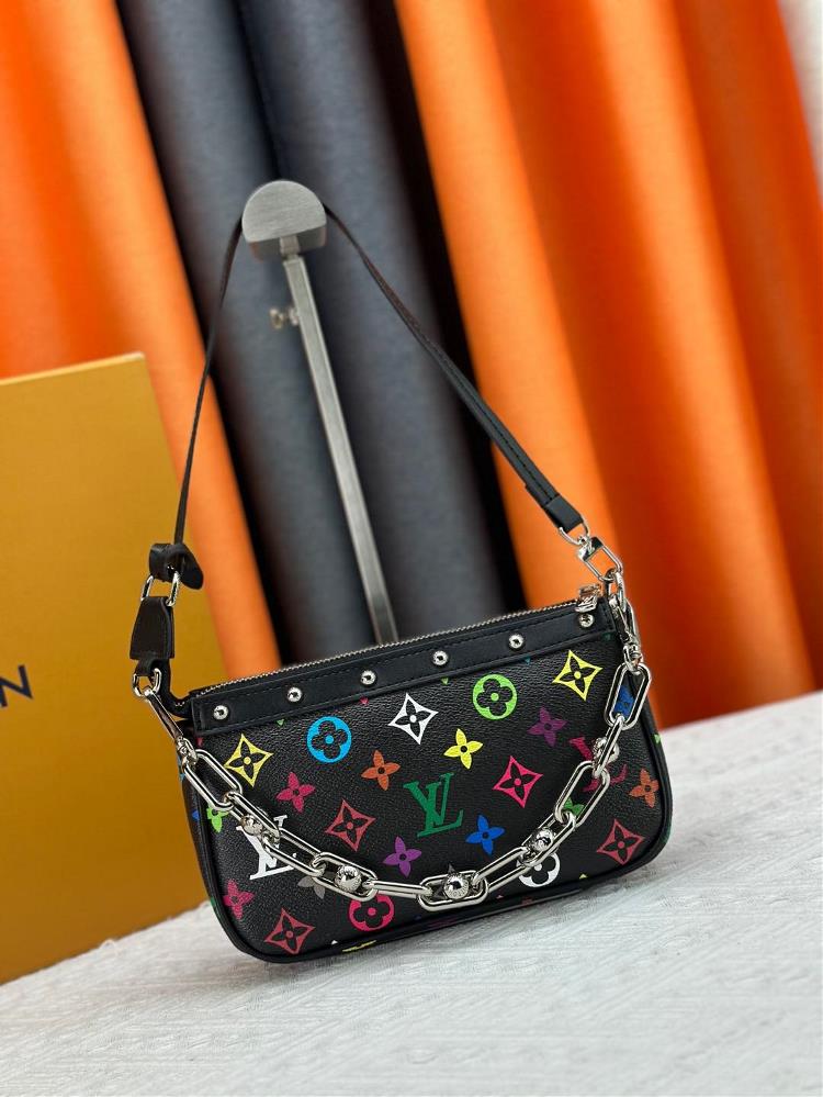 M13404 M13663 Black and White This Pochette Accessories handbag is made of coated canvas and features a colorful MonogramThe pattern showcases the dyn