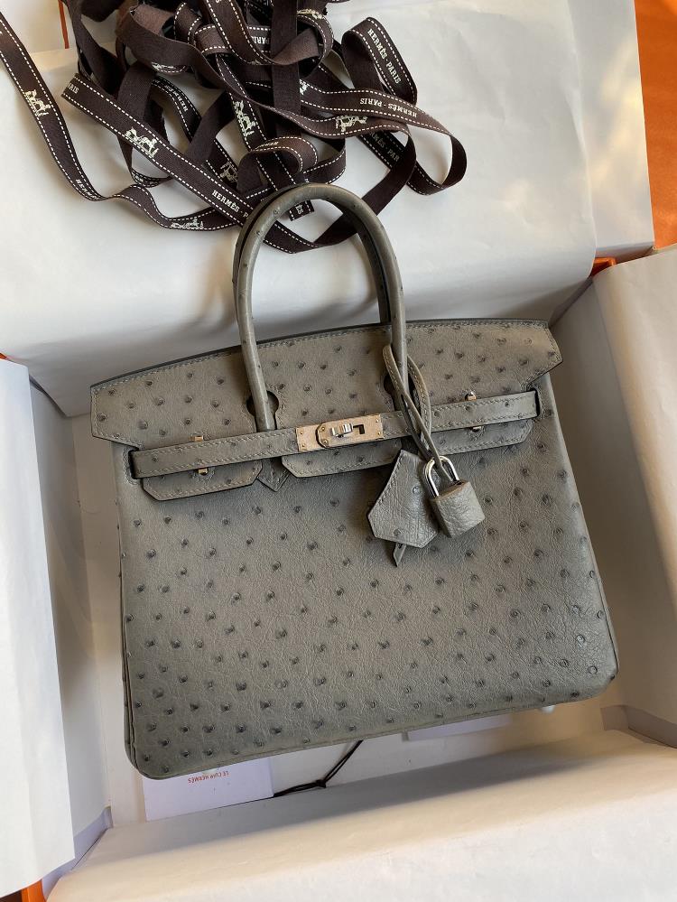 Fully hand sewn Birkin 25cm imported South African Kk ostrich skin spotted dove grey silver buckle  professional luxury fashion brand agency business