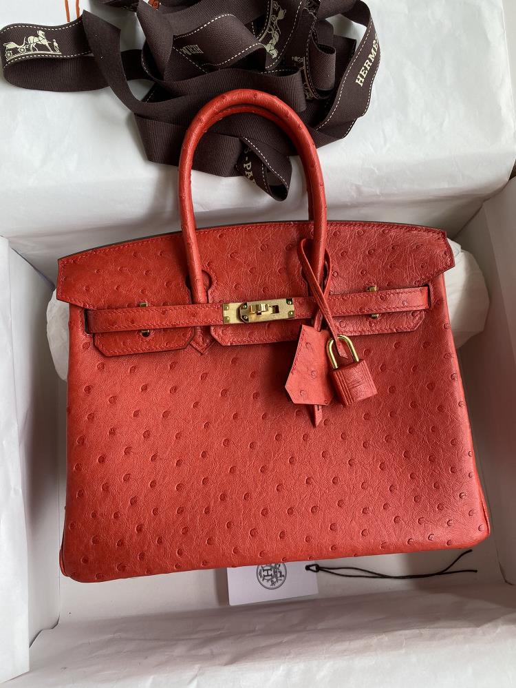 Fully hand sewn Birkin 25cm imported South African Kk ostrich leather Ferrari red gold buckle  professional luxury fashion brand agency businessIf y