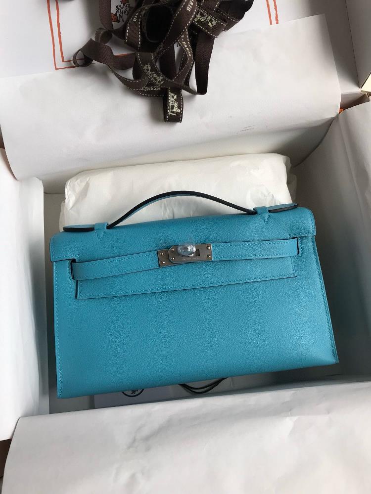 Hand sewn Mini Kelly first generation handbag 22cm imported Swift leather northern blue silver buckle  professional luxury fashion brand agency busin