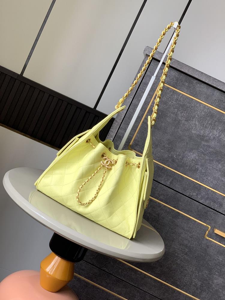 Chicken Yellow Imported Super Soft Caviar Cowhide Non Hard Top Quality Shipped on the Market OHANEL 25S Drawstring Bucket Hobo Black Small Shipped