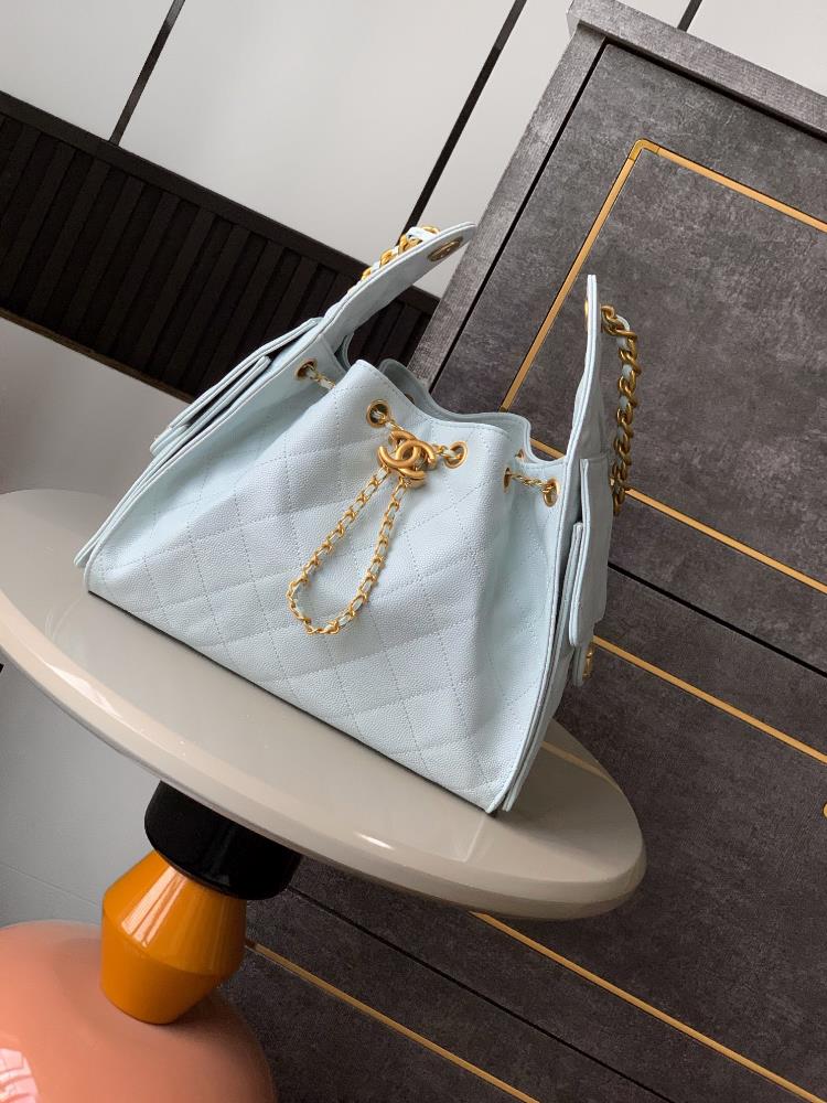 Baby Blue imported super soft caviar cowhide topquality products that are not hard on the market OHANEL 25S drawstring bucket Hobo black small size