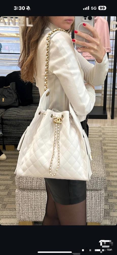 White large 40cm shipped imported ultra soft caviar cowhide not the top quality hard goods on the market shipped OHANEL 25S drawstring bucket Hobo