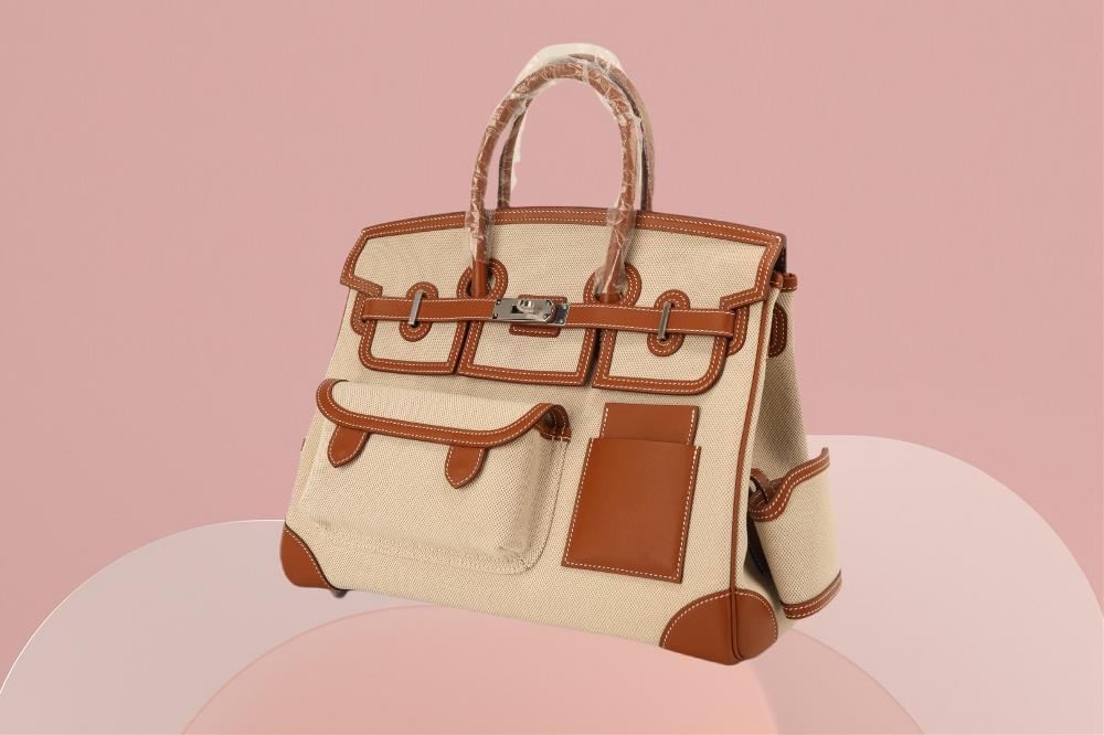 New color schemePlatinum Birkin Cargo35 size gold brown patchwork white fabric silver buckle super popular explosive all steel hardware hand sewn