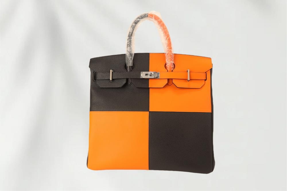 New productPlatinum 40 size double tone black togo calf leather with orange swift leather silver buckle super large capacity mens handbag color blo