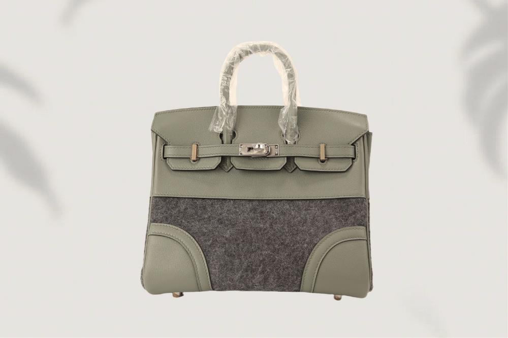New productPlatinum 25 size leather spliced felt customized almond green swift leather spliced gray felt silver buckle European and American fashion