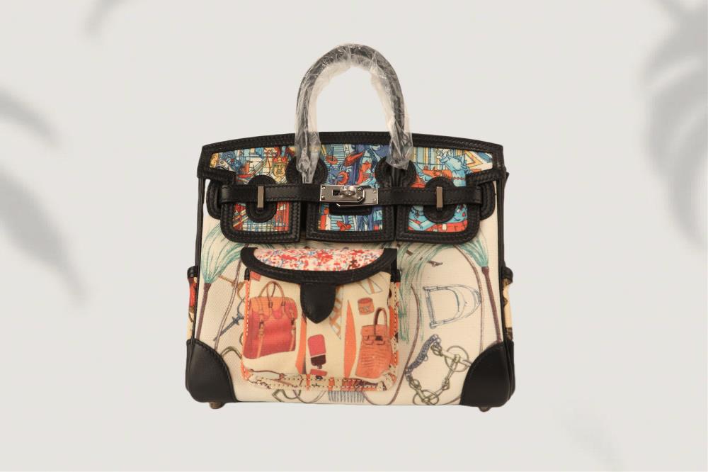 New productPlatinum cargo series 25 size black swift leather patchwork graffiti color printed canvas silver buckle European and American fashion han