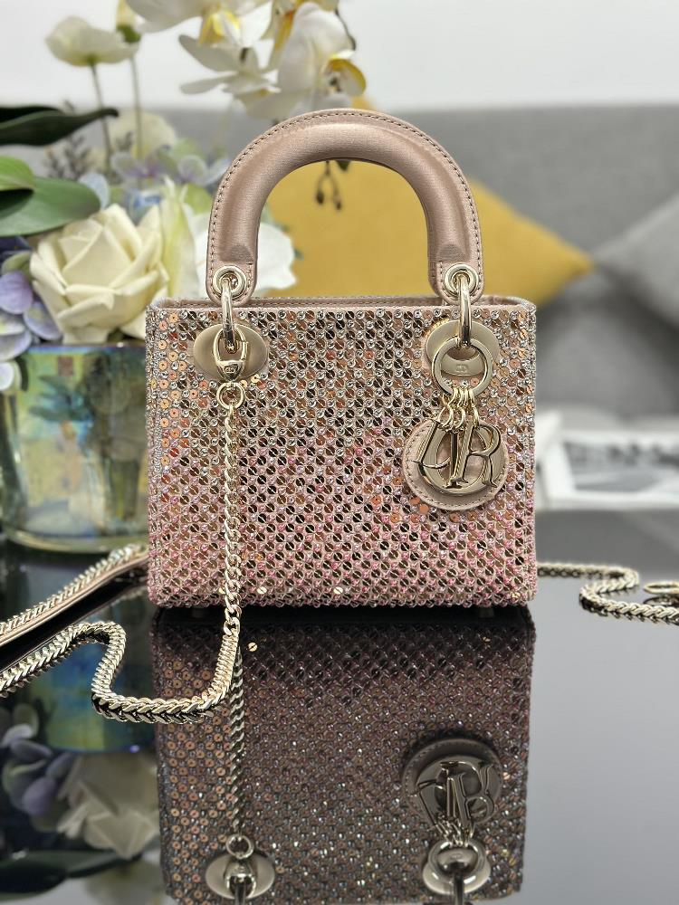 Lady Diors three panel embroidery gradient pink beads are carefully crafted from satin material and the gradient colors are embroidered with a large
