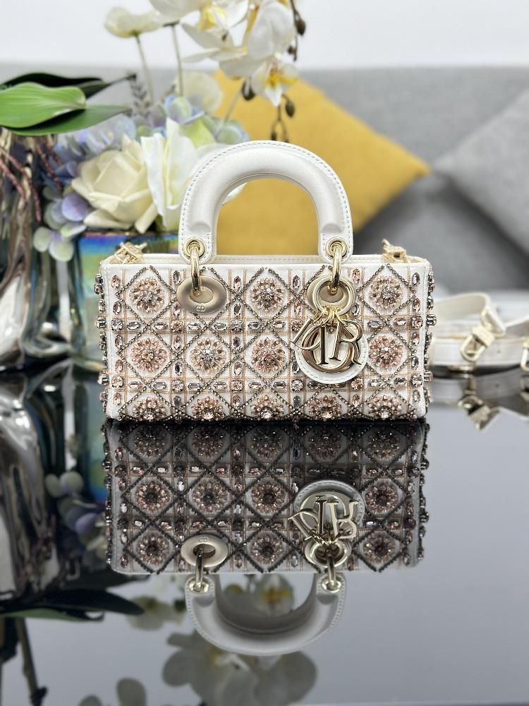 Lady DJoys small size is embroidered with white pink diamonds carefully crafted from silk fabric and hand embroidered with glass pink diamond beads