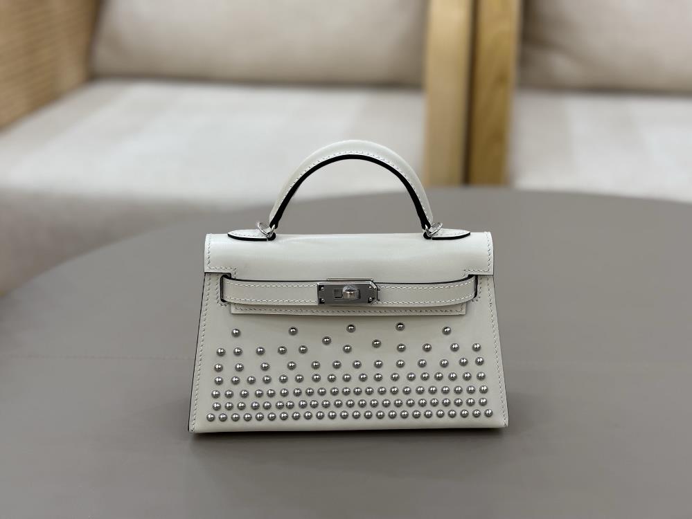 new product2025 new Kelly secondgeneration mini milkshake white box leather rivet bag fashionable and simple beautiful hand sewn wax thread all s