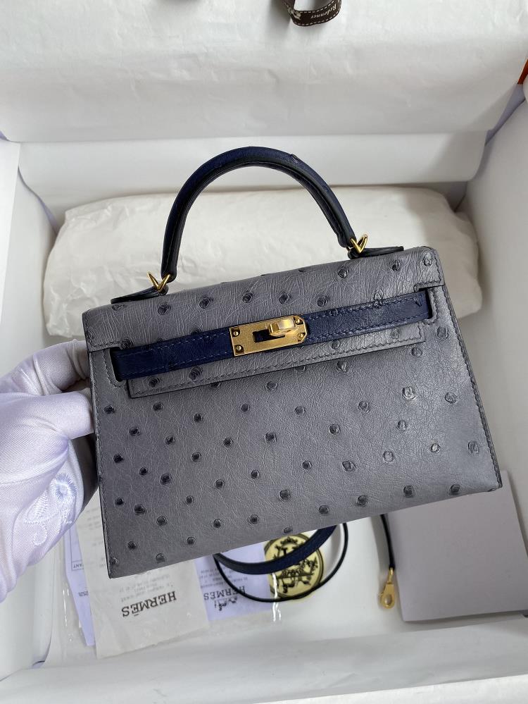 Fully hand sewn secondgeneration Mini Kelly 19cm South African Kk ostrich skin agate gray patchwork iris blue gold buckle  professional luxury fashi