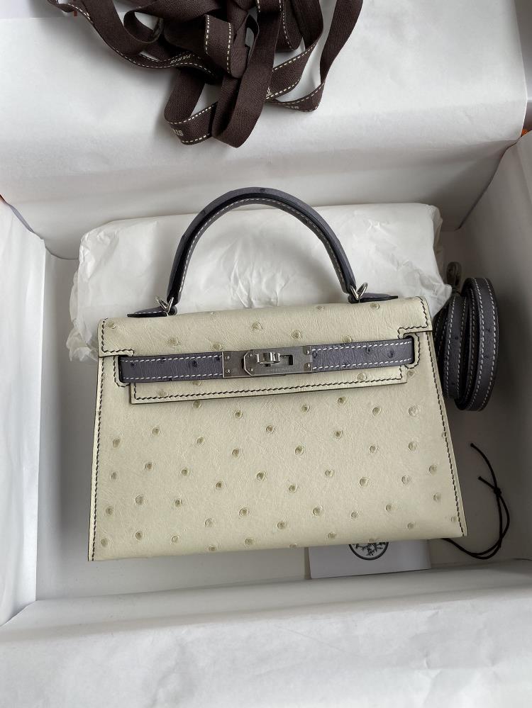 Fully hand sewn secondgeneration Mini Kelly 19cm South African Kk ostrich skin glacier white patchwork agate gray silver buckle  professional luxury