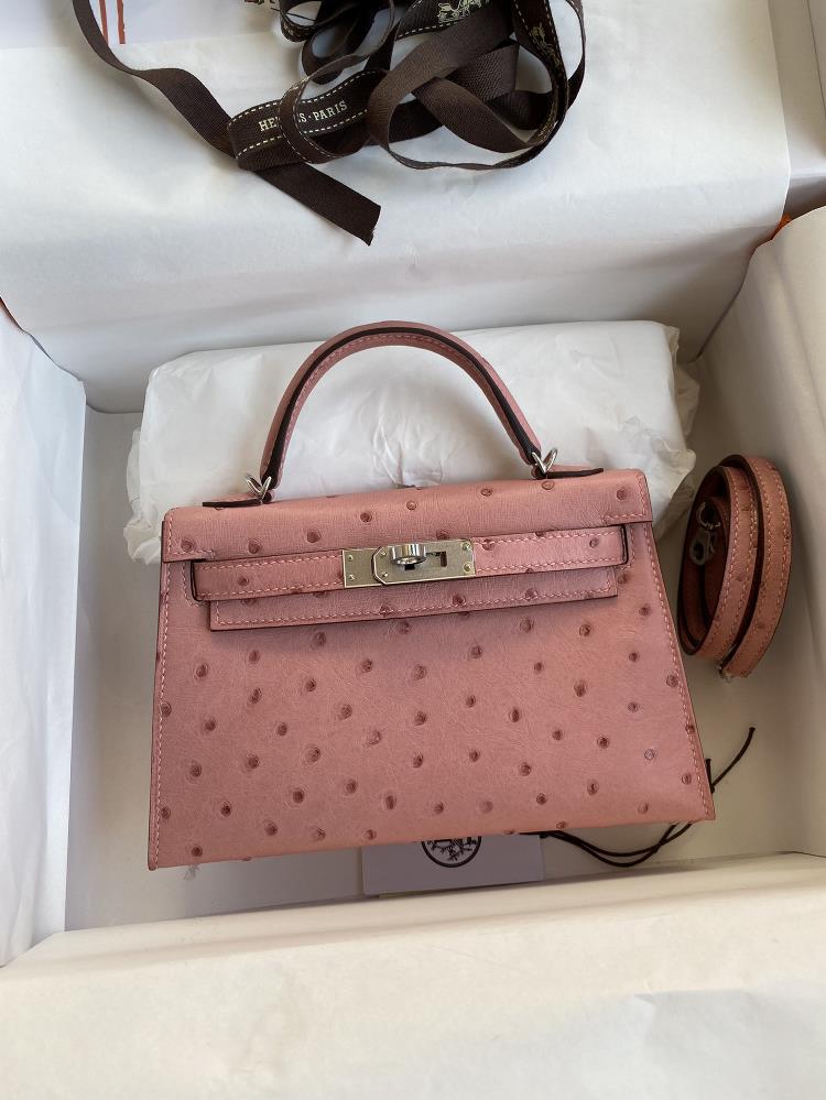 Fully hand sewn secondgeneration Mini Kelly 19cm South African Kk ostrich skin ceramic powder silver buckle  professional luxury fashion brand agenc