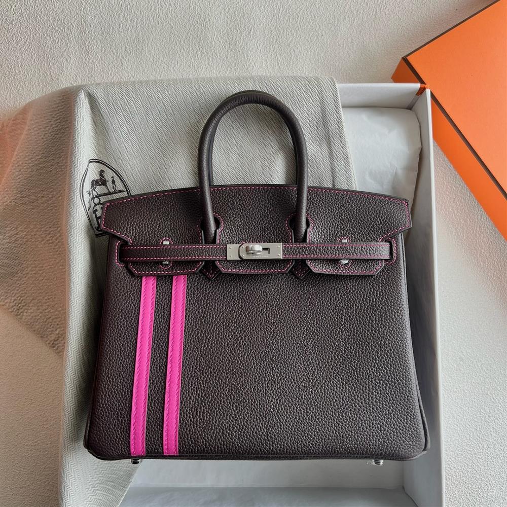 Birkin 25cm Captain Parallel Bars Togo Splicing Swift Ck47 Chocolate Peach Red Silver Buckle First Class Craftsmanship Fully Handmade Wax Seam Phw Cus