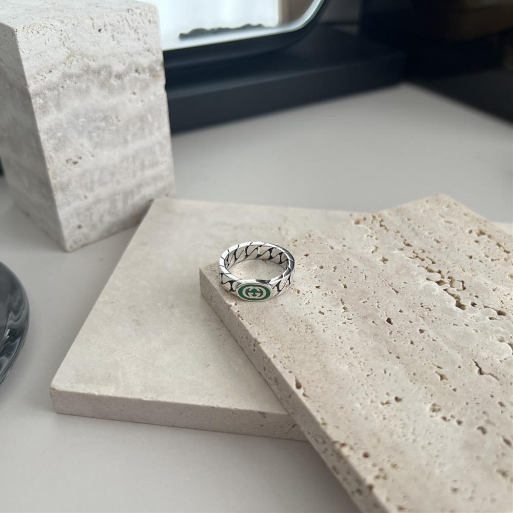 Gucci 925 sterling silver interlocking double G green enamel ringWidth 6mm code R0077Size 10 12 14 16 18 20 22 24TagName  Gucci Ring tagId 1