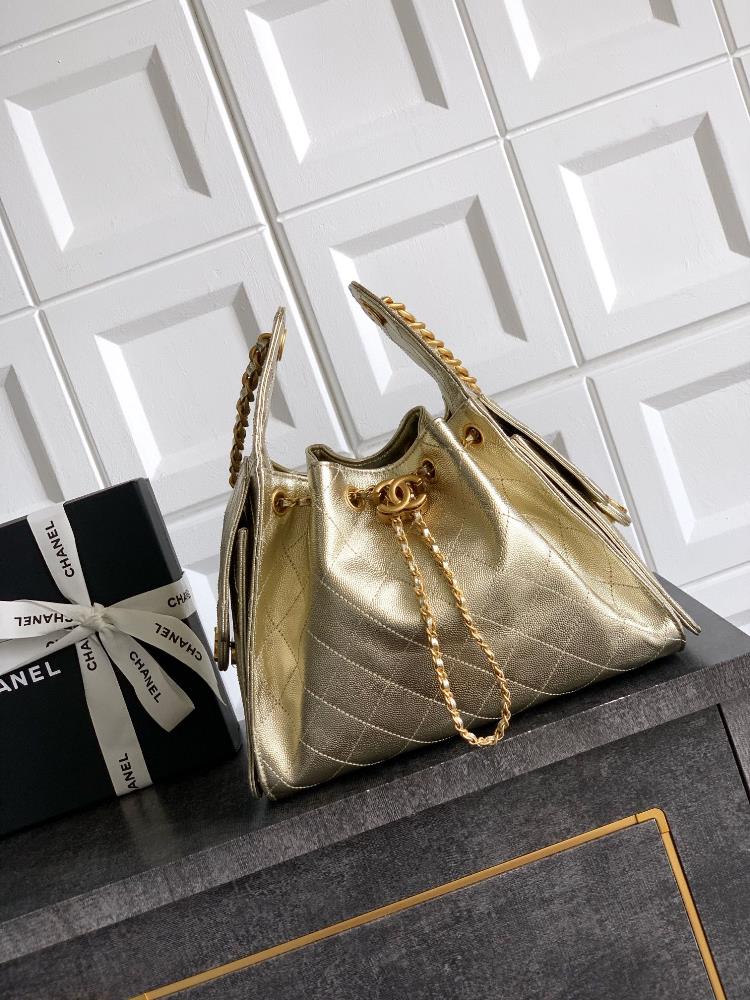 Small size light gold champagne gold imported super soft caviar cowhide not the top quality hard on the market for shipment OHANEL 25A drawstring bu
