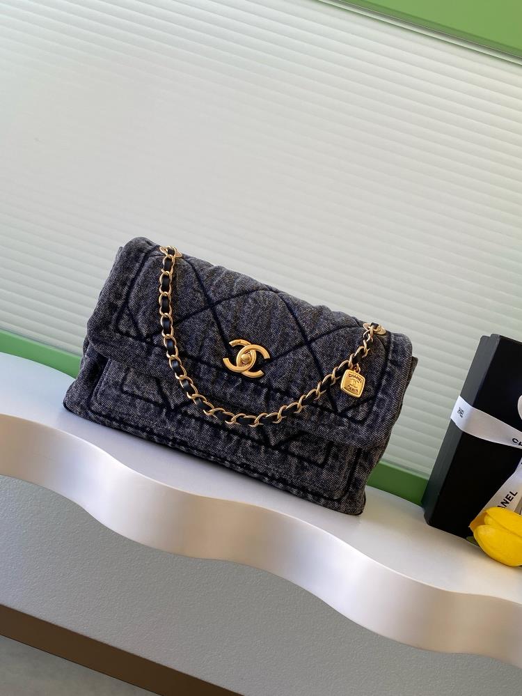 25K denim chain bag washed denim classic diamond grid pattern retro and fashionable meta