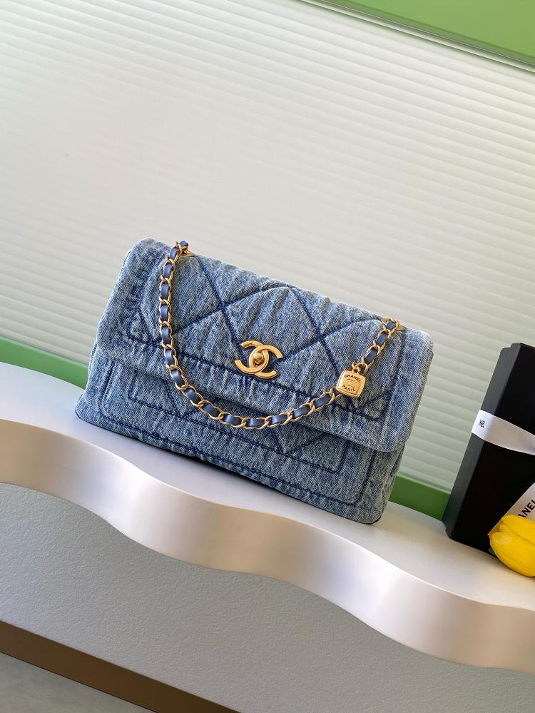 25K denim chain bag washed denim classic diamond grid pattern retro and fashionable meta