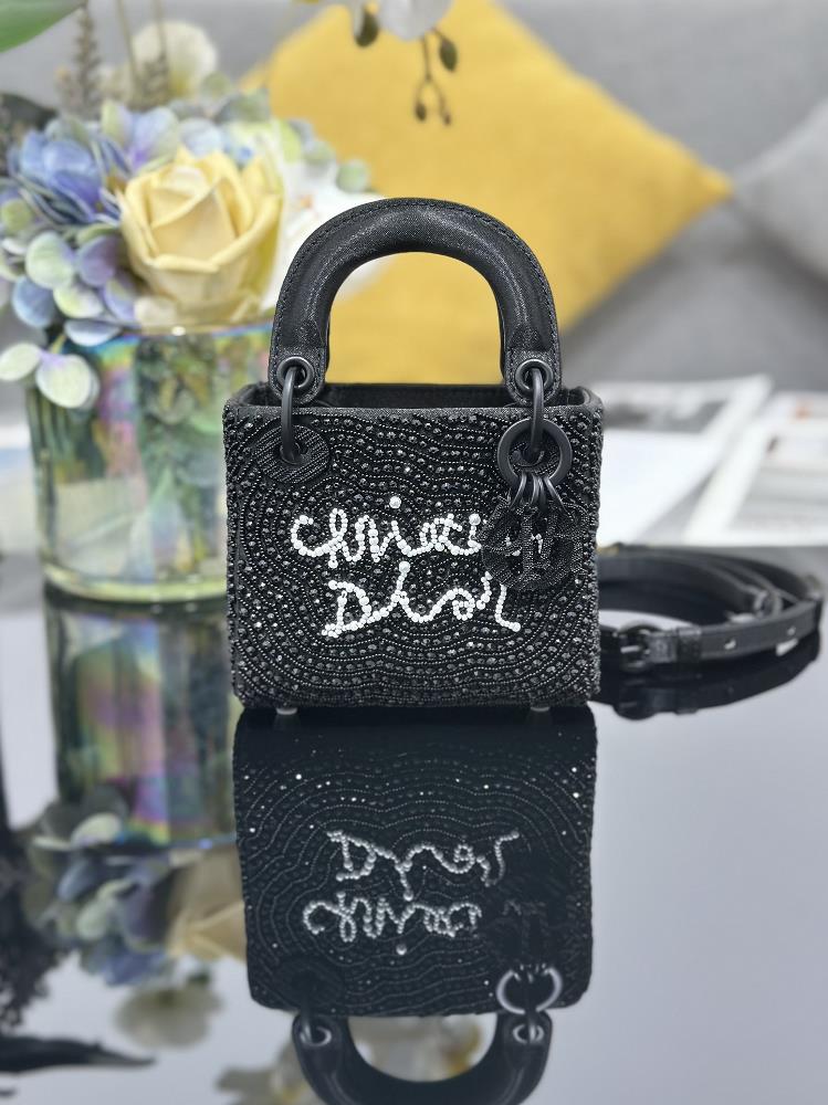 Lady Dior mini embroidery art black bead diamond with inner wheat representing artist limited edition carefully crafted with silk satin fabric and w