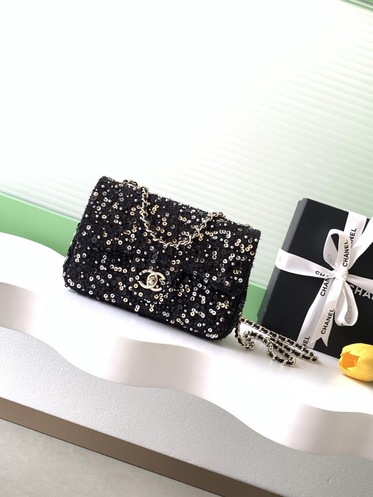 26C early spring vacation series sequined woolen CF bag black woolen base with colorful sequined pearls full of dreamy girls feeling gold double C