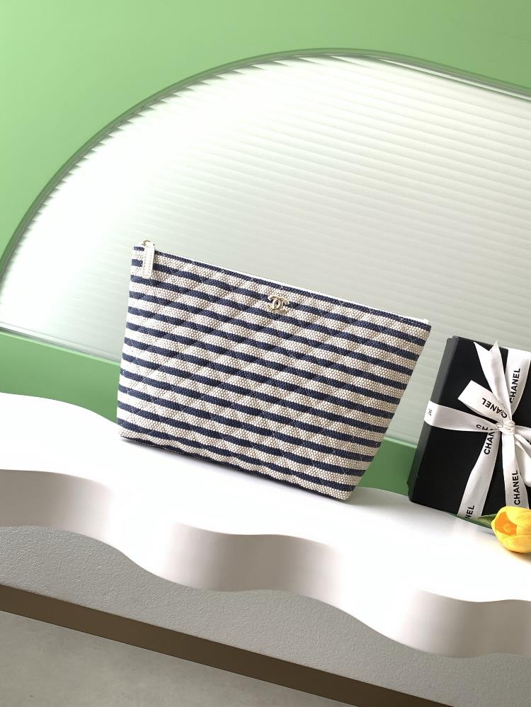 26C blue and white striped woven handbag with classic dual C metal logo made of Lafite grass material fresh and simple exuding a summer vacation atm